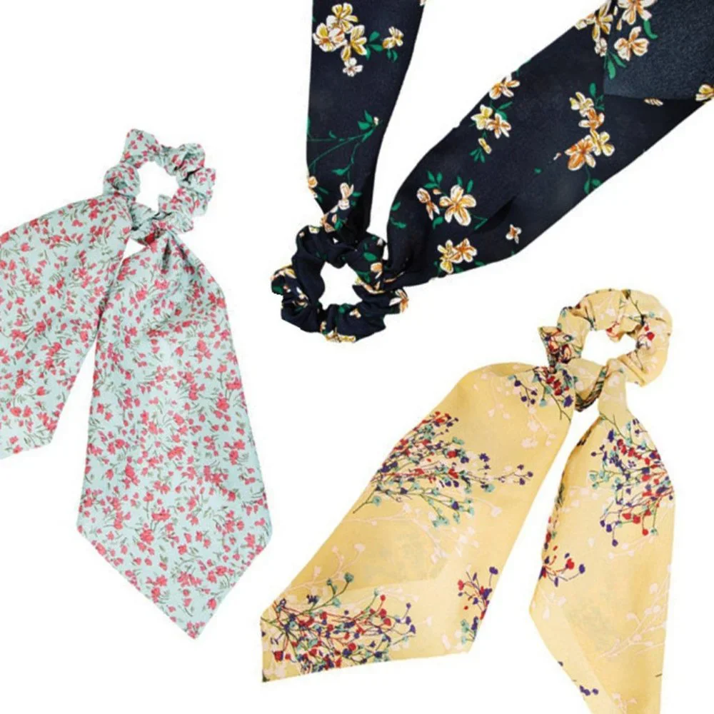 Set-of-3 Bohemian Wildflower Knotted Ribbon Scrunchies